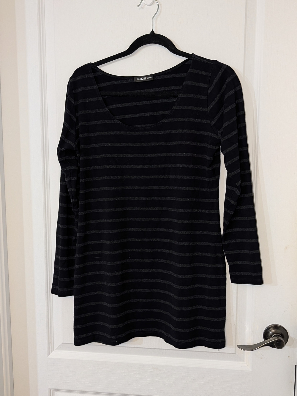 Miik Black & Charcoal Striped Long Sleeve Scoop Neck Top, XL